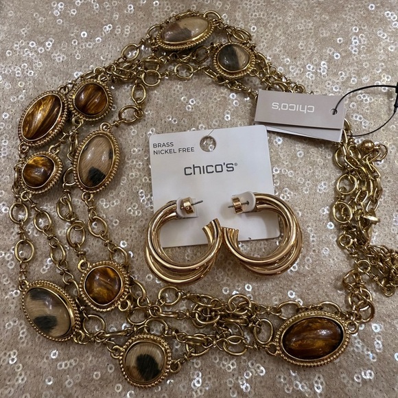 NWT Chico’s Animal double-sided long layering Necklace with earrings - Picture 11 of 11